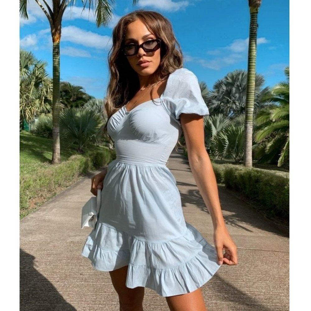 Blue Short Sleeve Bustier Frill Hem Fit and Flare Mini Dress - Picture 2 of 5